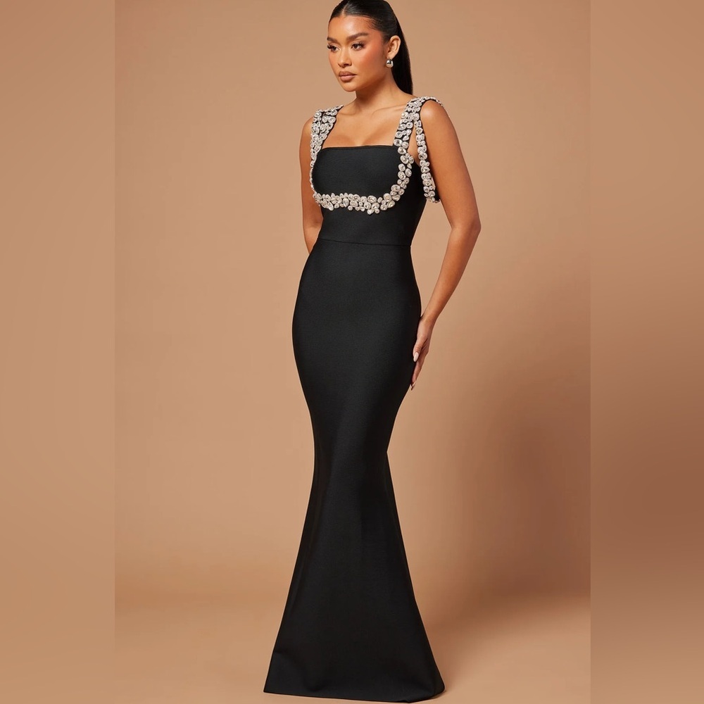 Fashion Nova Black and Silver Embellished Prom Dress